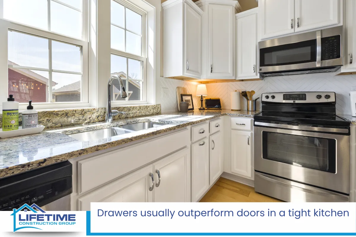 Drawers usually outperform doors in a tight kitchen